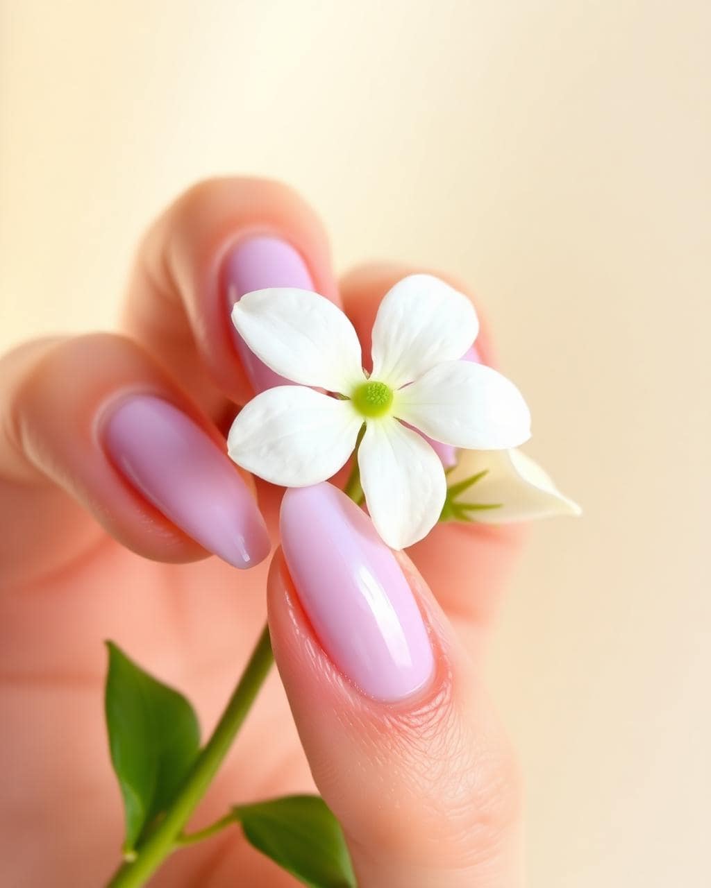 Glossy lilac almond nails holding a white jasmine flower