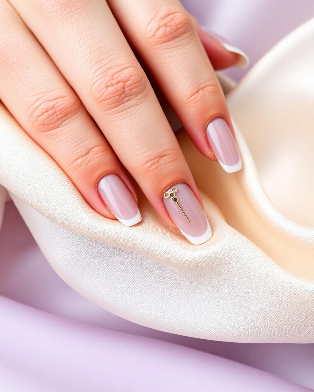 French-tip nails with a gold accent on ivory silk