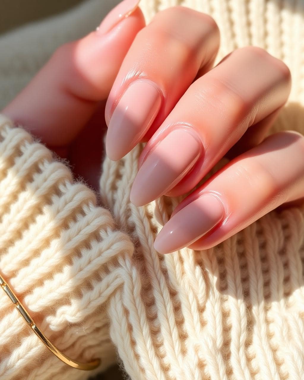 Soft pink almond nails against a cream knit sweater