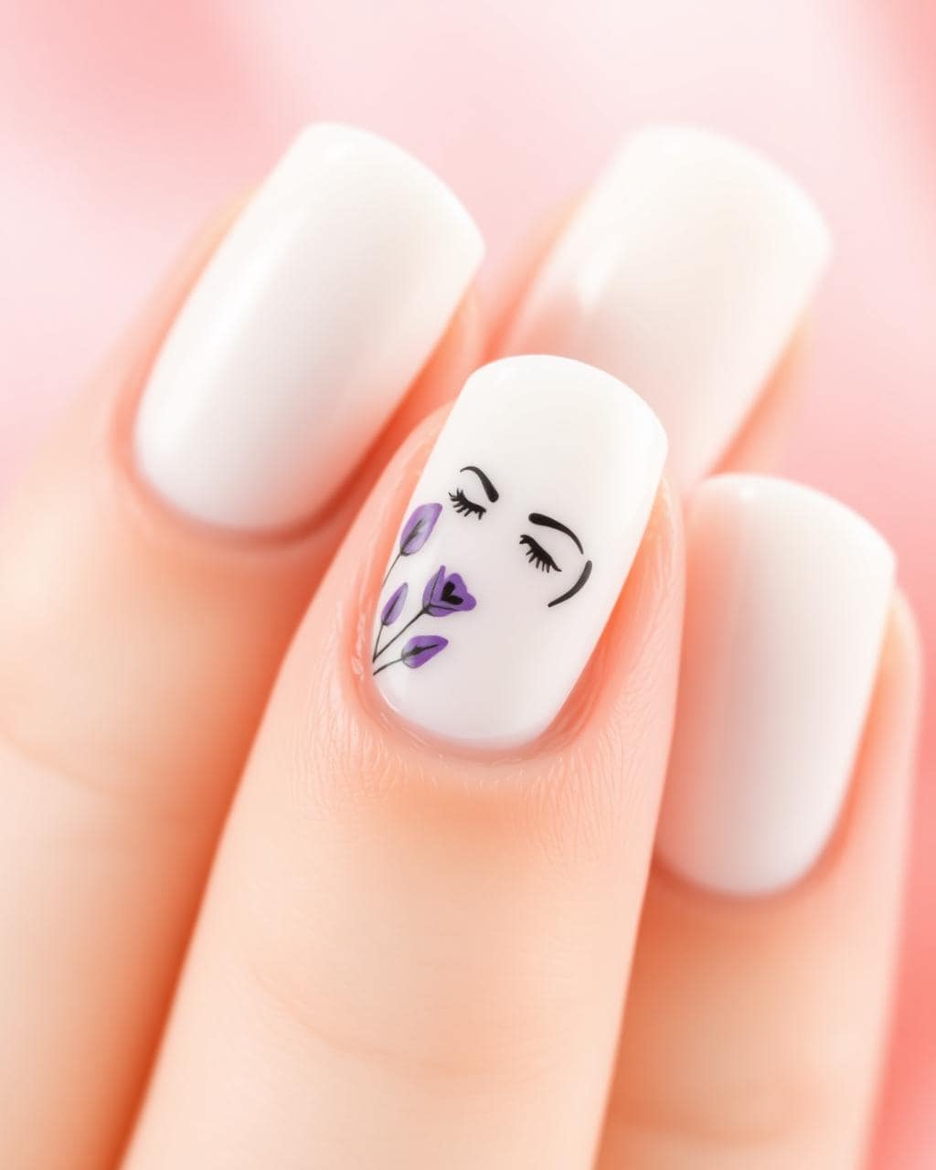 White nails with hand-painted lavender floral art