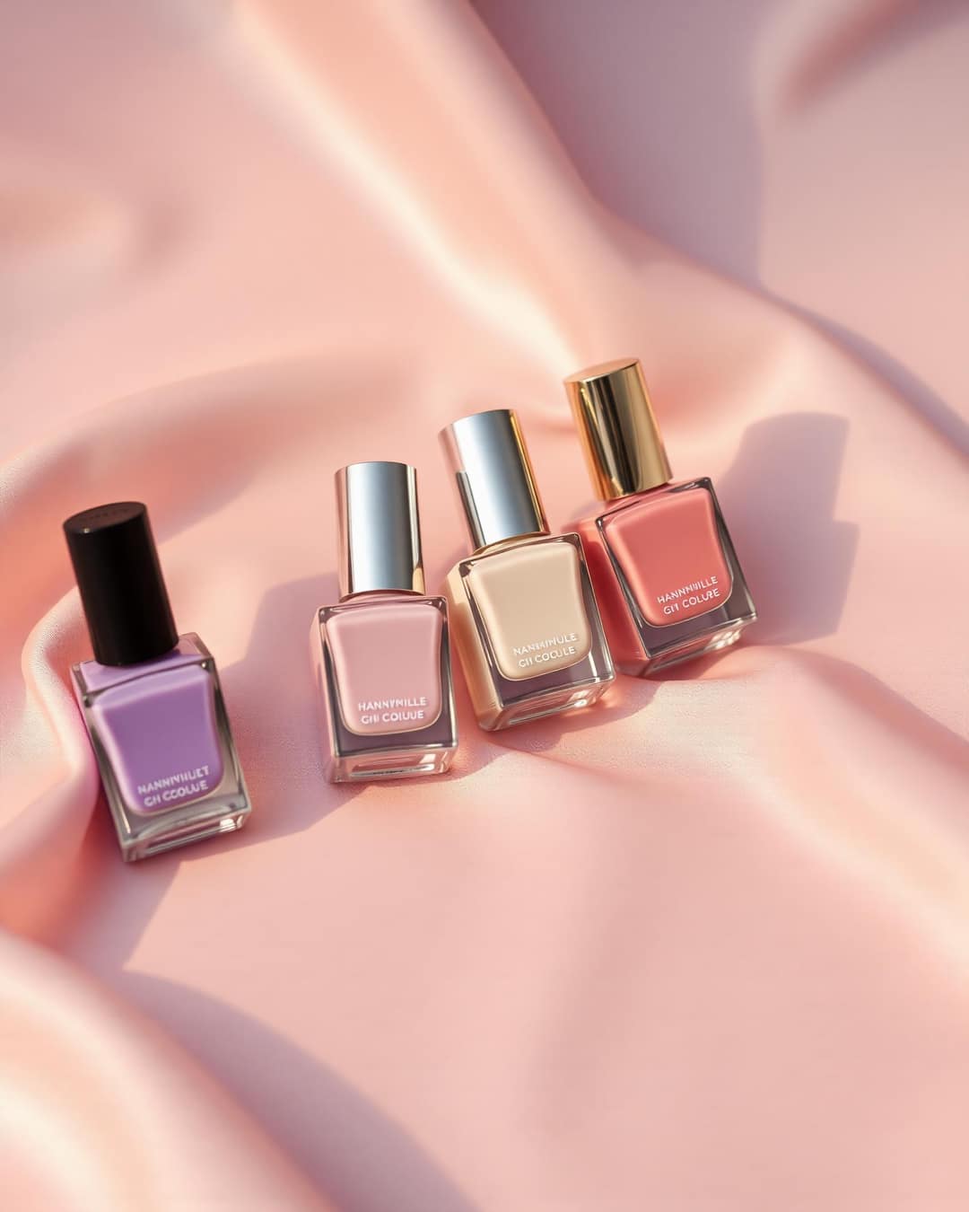 Glossy nail polish bottles arranged on draped silk